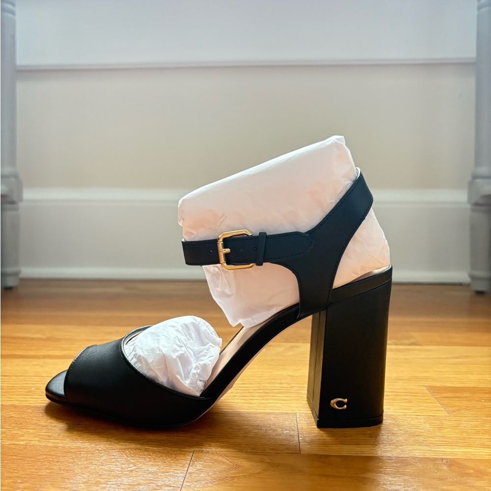 COACH NWT Black Block Heel Ankle-Strap Sandals with Gold Buckle